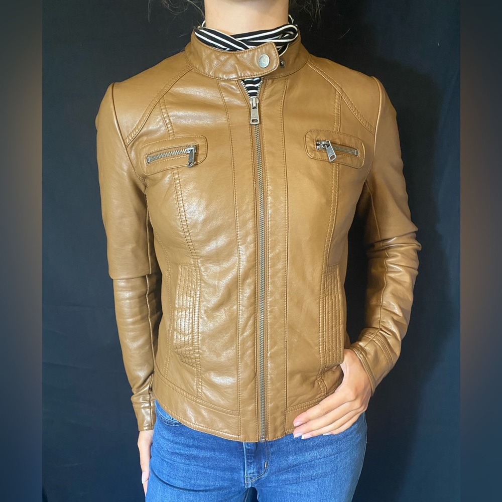 ONLY Brand faux leather biker jacket lined women’s Carmel colour